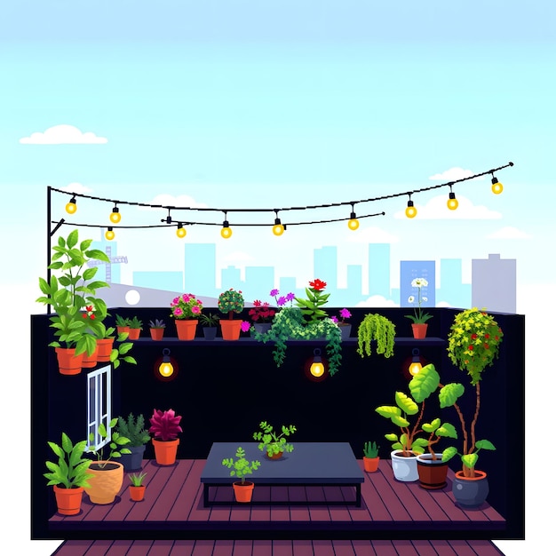 Photo set terrace with urban rooftop garden potted plants string lights wooden decking modern seating