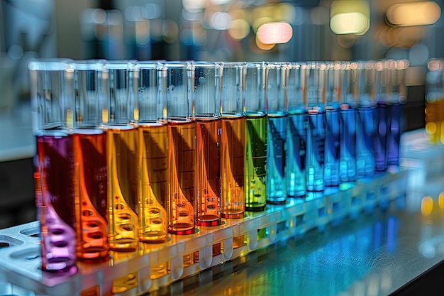 A set of test tubes in a chemical laboratory filled with reagents