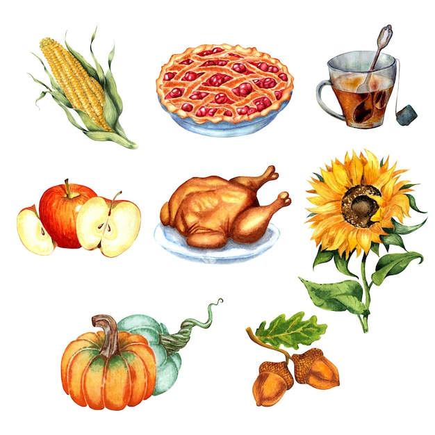 set for thanksgiving harvest festival turkey cherry pie corn sunflower acorns a cup of tea