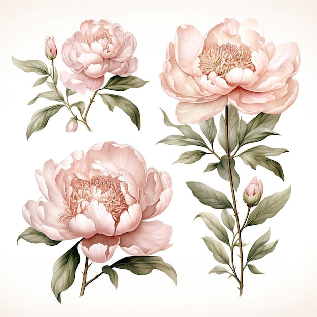 Photo set of thin watercolor flowers peonies leaves