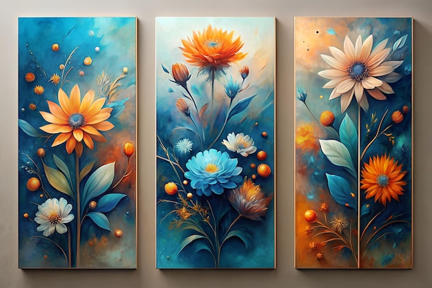 Set of three abstract floral art with blue and orange hue