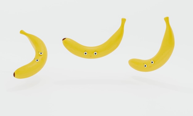 Set of three bananas in cartoon style on a white background 3d illustration