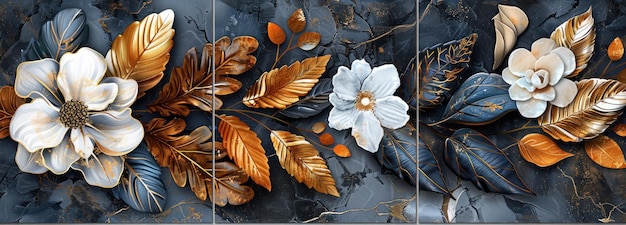 Set of three decorative marble stones with golden and silver leaves white flowers and black feathers on the background