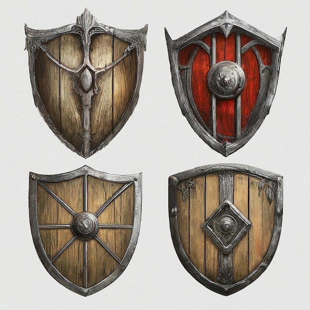 Photo a set of three different armors with a red shield and a red shield