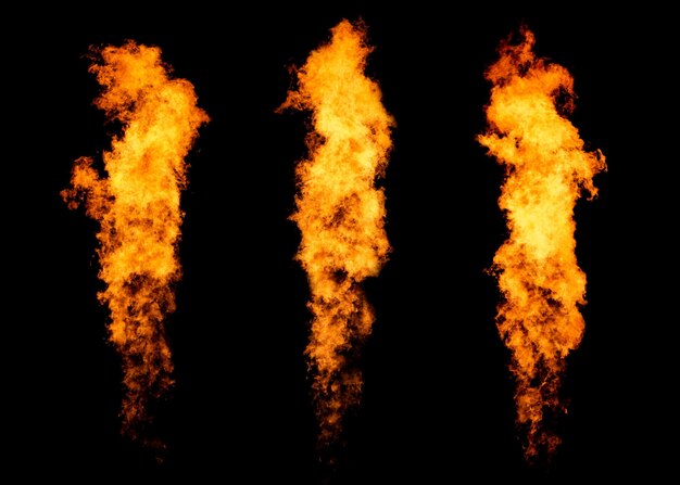 Photo set of three fire jets isolated on black flame collection