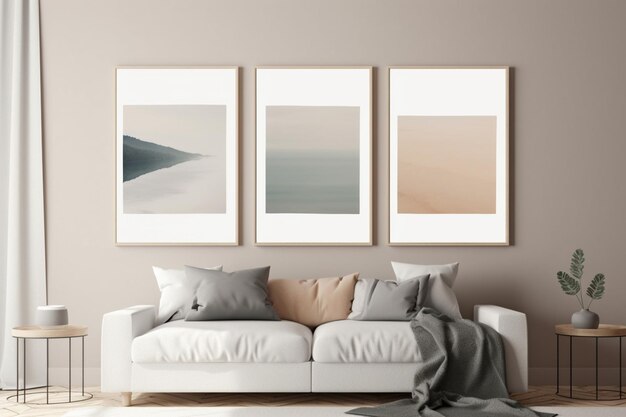 A set of three framed art pieces hang on a wall.