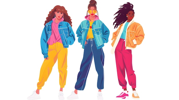 Photo set of three girls dressed in the style of the 90s on a white background back in the 90s