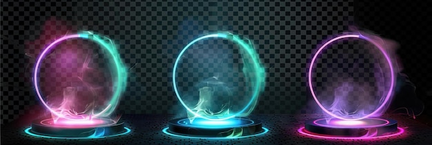 Photo set of three glowing green blue and pink circle podium with smoke effect on transparent background vector illustration png file magic light effects fantasy portal for hologram or futuristic concept