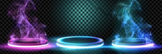 Photo set of three glowing green blue and pink circle podium with smoke effect on transparent background vector illustration png file magic light effects fantasy portal for hologram or futuristic concept