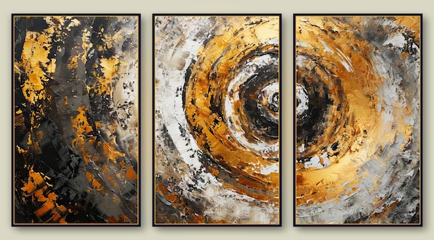 Set of three gold and grey spiral abstract textured wall art panels