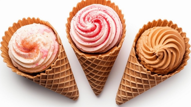 Set of three ice cream in waffle cone isolated