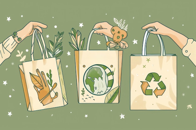 A set of three illustrations in a line art style featuring hands holding ecofriendly shopping bags with green and earth tones