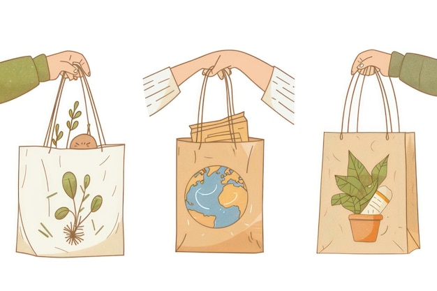 A set of three illustrations in a line art style featuring hands holding ecofriendly shopping bags with green and earth tones