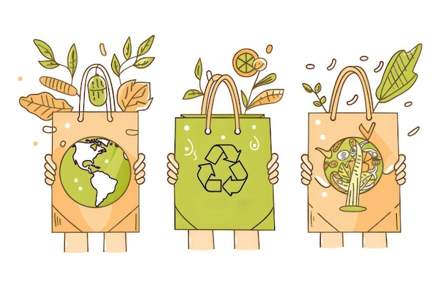 A set of three illustrations in a line art style featuring hands holding ecofriendly shopping bags with green and earth tones