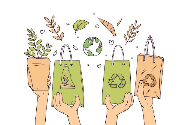 A set of three illustrations in a line art style featuring hands holding ecofriendly shopping bags with green and earth tones