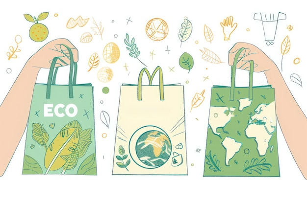 A set of three illustrations in a line art style featuring hands holding ecofriendly shopping bags with green and earth tones