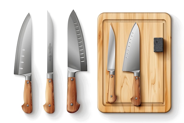 Set of Three Kitchen Knives with Wooden Handles on a Cutting Board