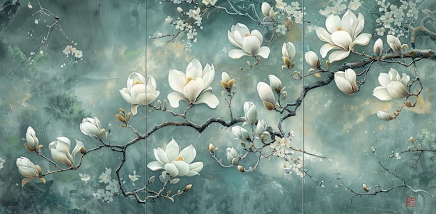 A set of three panels with magnolia flowers on the background in the style of oil painting for home decoration