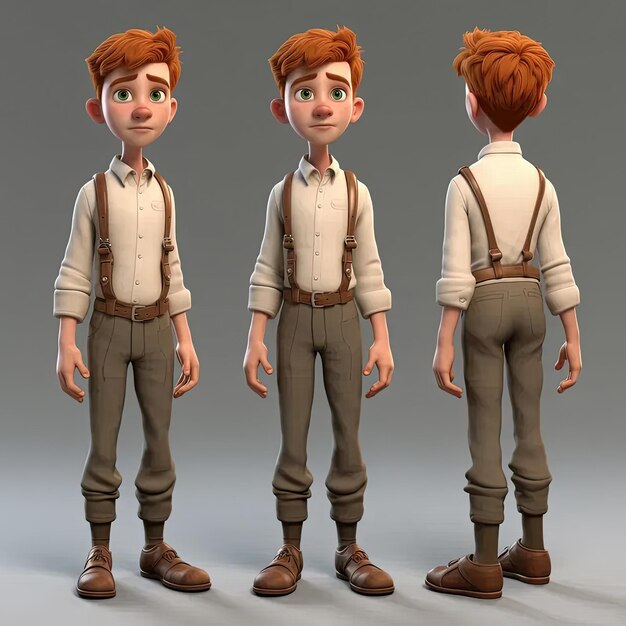 Photo a set of three poses of a boy with red hair and suspenders