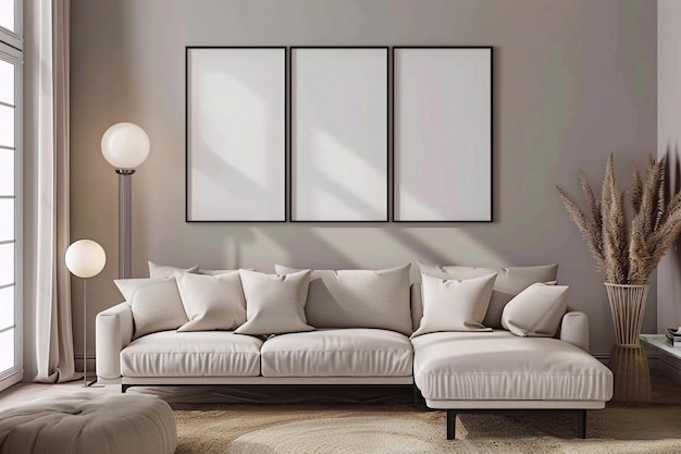 Set of three posters and frame mockups displayed on a wall in a living room with neutral wall colors