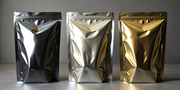 Set of Three Sealed Metallic Food Bags Black Silver and Gold Vacuum Packaging Pouches for Snacks