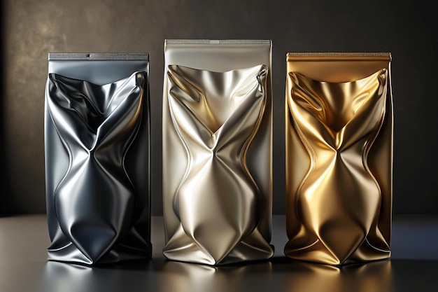 Set of Three Sealed Metallic Food Bags Black Silver and Gold Vacuum Packaging Pouches for Snacks