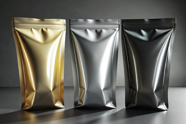 Set of Three Sealed Metallic Food Bags Black Silver and Gold Vacuum Packaging Pouches for Snacks