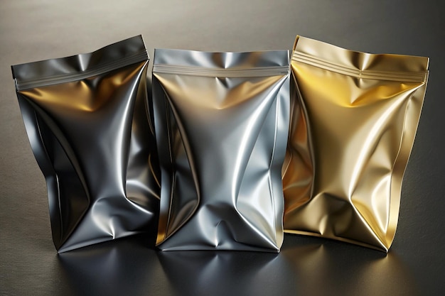 Set of Three Sealed Metallic Food Bags Black Silver and Gold Vacuum Packaging Pouches for Snacks