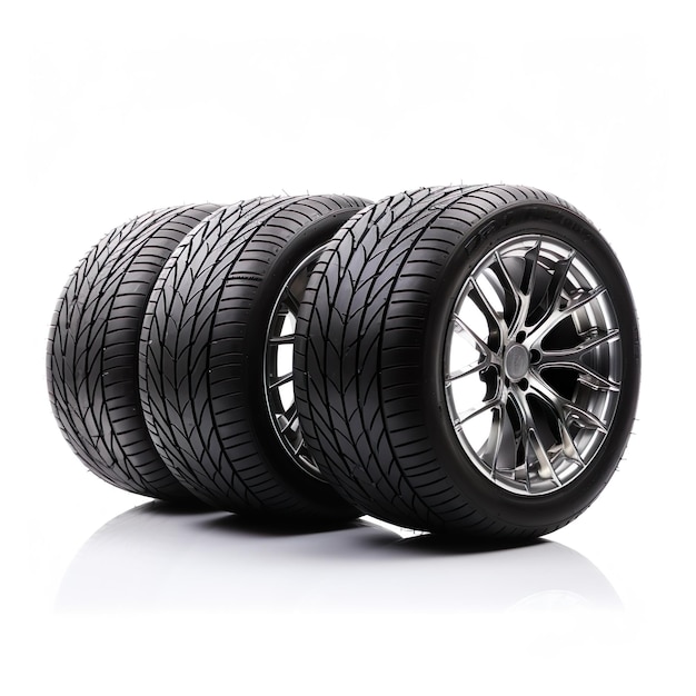 A set of three tires are on a white background.