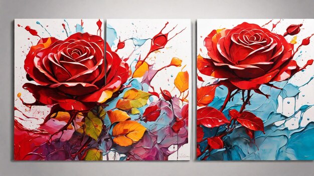 Set of three vibrant Red Rose abstract wall art panels with colorful splashes