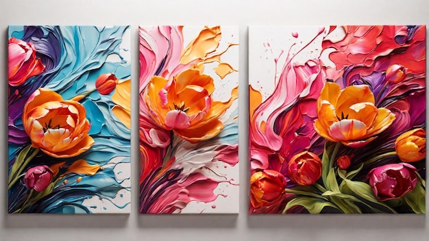 Set of three vibrant Tulip Flower abstract wall art panels with colorful splashes