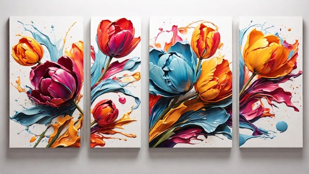 Set of three vibrant Tulip Flower abstract wall art panels with colorful splashes