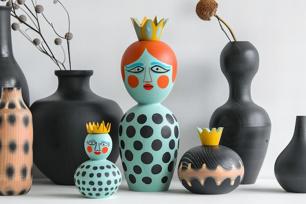 Photo a set of three wooden russian dolls with colorful polka dots each depicting the face and hair of an