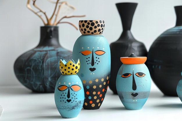 Photo a set of three wooden russian dolls with colorful polka dots each depicting the face and hair of an