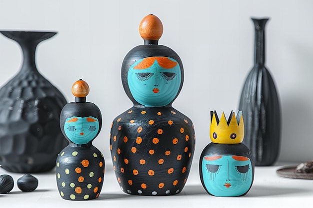 Photo a set of three wooden russian dolls with colorful polka dots each depicting the face and hair of an