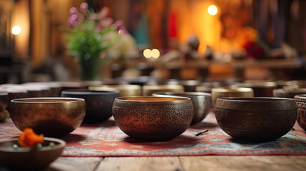 Photo set of tibetan singing bowls for yoga meditation sound massage and healing