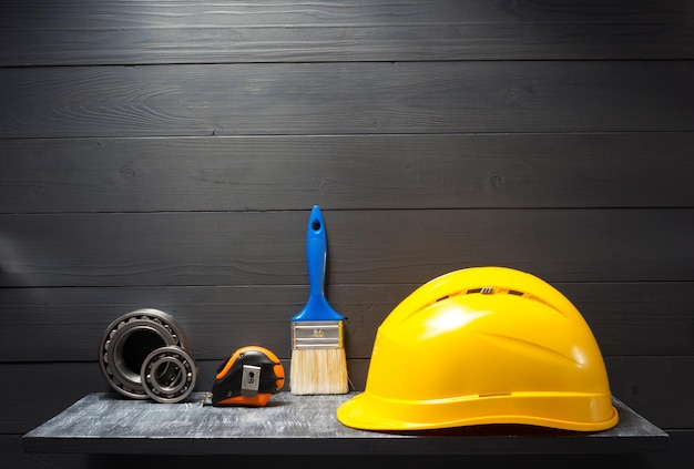 Set of tools and instruments on wood