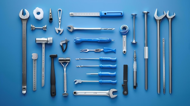 A set of tools laid out on a blue background