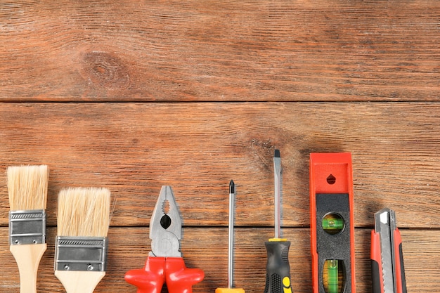 Set of tools on wooden 