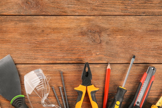 Set of tools on wooden 