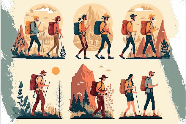 Set of tourists men and women backpackers walking route outdoors activity Made by AIArtificial intelligence