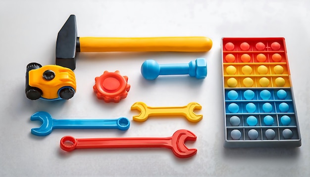 Photo a set of toy tools including a hammer and wrench laid out on a white table