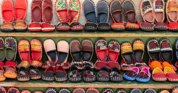 Set of traditional hand made leather shoes in bazaar