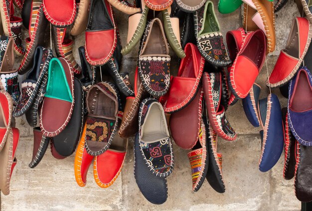 Set of traditional hand made leather shoes in bazaar