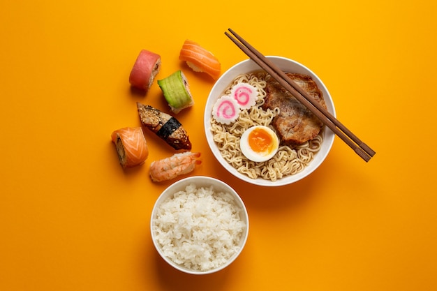 Set of traditional Japanese food: hot soup ramen, boiled white rice, sushi, fish rolls on bright orange background. Dishes of Japanese cuisine, from above, asian style dinner or lunch