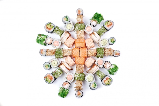 set of traditional japanese sushi roll isolated on white.