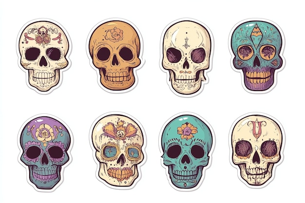 Photo set of traditional painted skulls in mexican style on white background day of the dead decoration