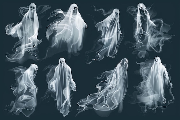 Photo set of transparent ghosts isolated on dark background vector illustration design with white smoke effect halloween decoration elements for your designs