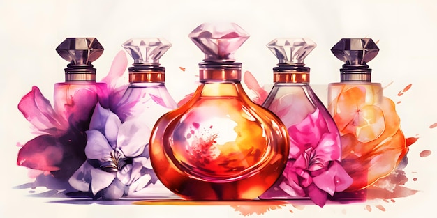 Set of transparent multi color glass floral perfume bottles on a light simple background Art composition still life Stylish parfumerie ad banner Generative Ai