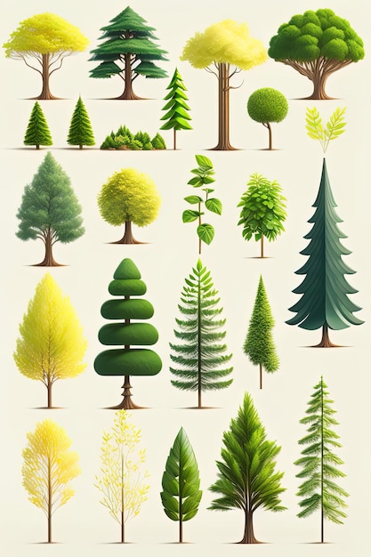 A set of trees with different shapes and colors.